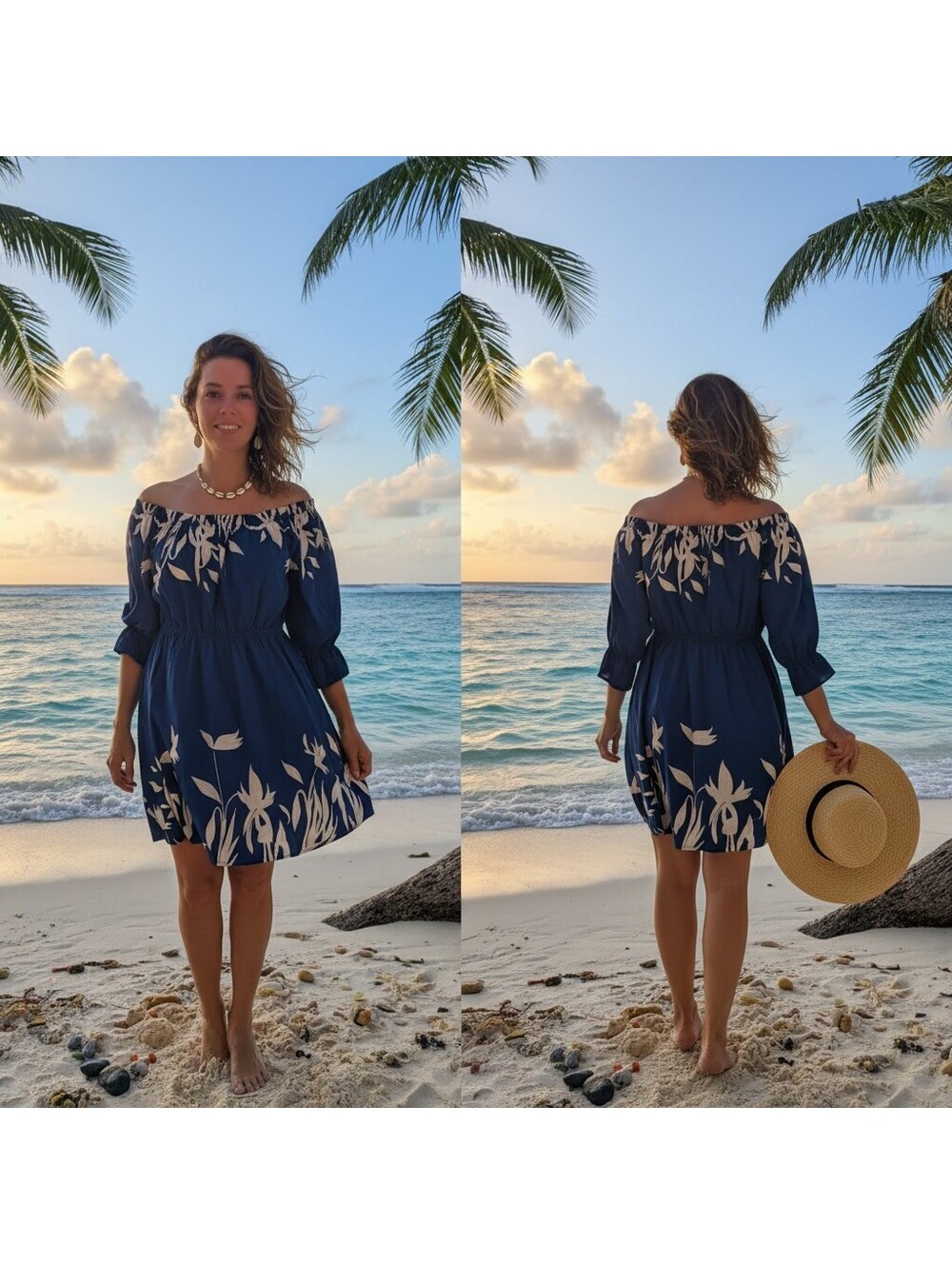 1992 - Cupshe Blue Floral Off-Shoulder Dress with 3/4 Sleeves, Size Large